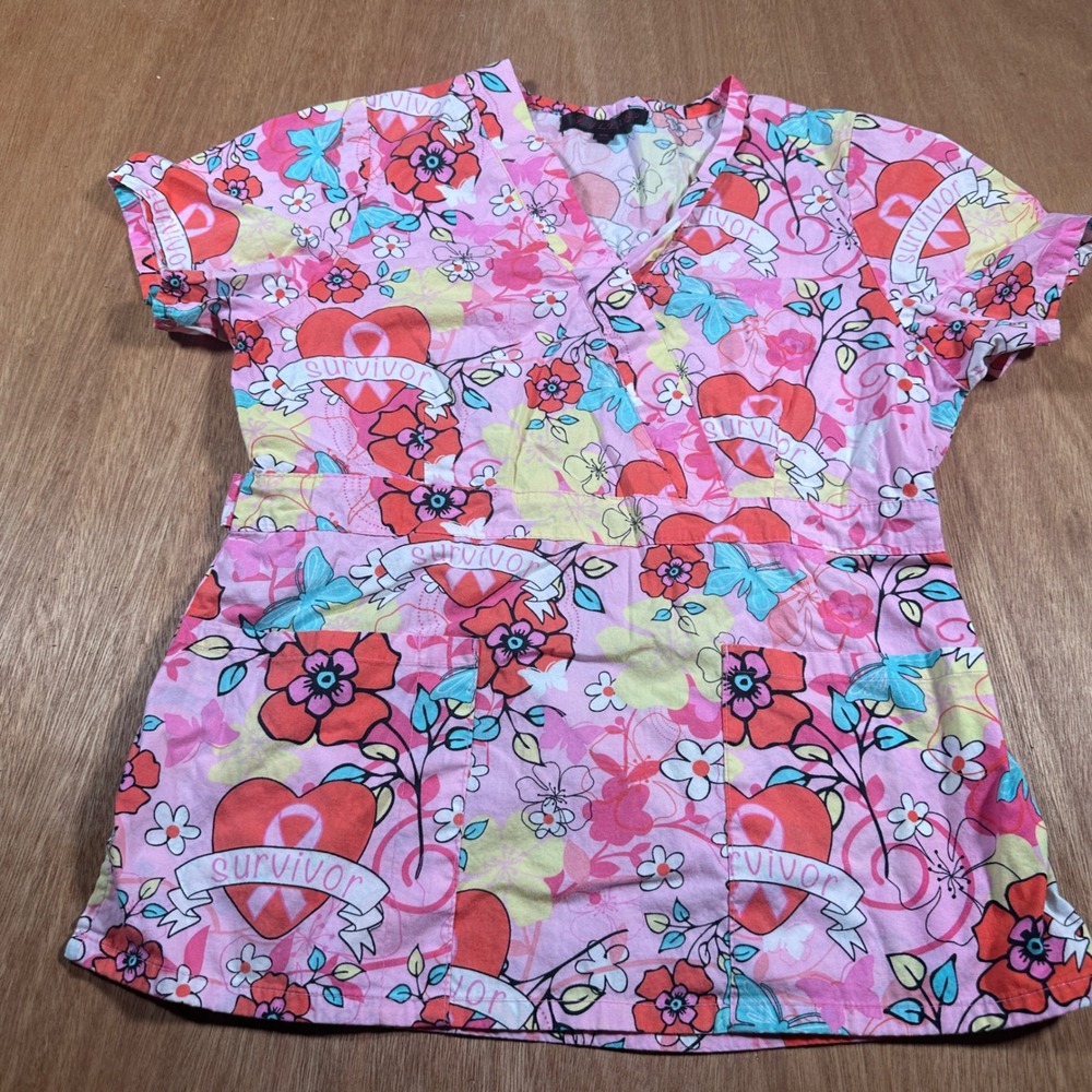 Healing Hands Flex XS Breast Cancer Survivor Scrub Top Pink Floral Hearts